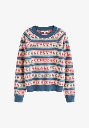 Crewneck-tröja med blå ribbade muddar och nederkant, prydd med röda blommor och blå geometriska ränder på en krämfärgad bakgrund.