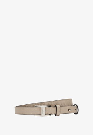 Leather belt in light taupe with a smooth texture, featuring a silver-tone rectangular buckle and multiple adjustment holes.