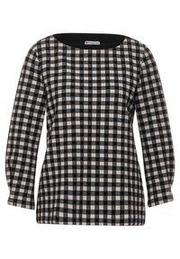 Black and white checked long-sleeve top with a round neckline and textured fabric. Features a label at the neck.