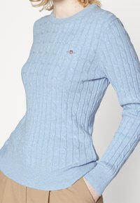 Jasnoniebieski sweter w splot warkoczowy z prążkowanym dekoltem i mankietami, o dopasowanym kroju i subtelnym haftowanym detalu na piersi.