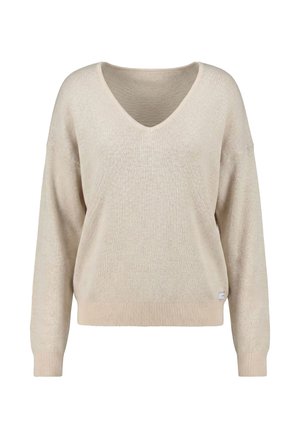 Pulover bej cu decolteu în V, mâneci lungi și manșete și tiv striate, prezentat pe un fundal alb simplu.