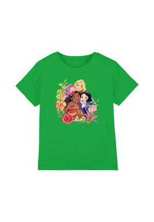 Green t-shirt featuring three animated girls with flowers and leaves surrounding them in a circular arrangement on the front.