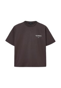 Σκούρο γκρι βαμβακερό T-shirt, κοντά μανίκια, λαιμόκοψη μπάσκα, με λευκή επιγραφή ως branding στο αριστερό στήθος και χαλαρή εφαρμογή.