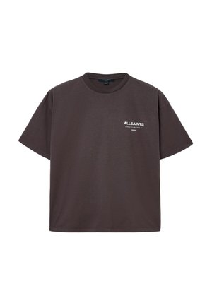 Donkergrijs katoenen t-shirt met korte mouwen en een ronde hals, voorzien van witte tekstbranding op de linkerborst en een losse pasvorm.