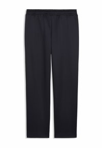 Μαύρο αθλητικό παντελόνι με ελαστική μέσ η, κατασκευασμένο από λείο ύφασμα, με σχεδιασμό ίσιας γραμμής στο πόδι και χωρίς ορατές διακοσμήσεις ή σχέδια.