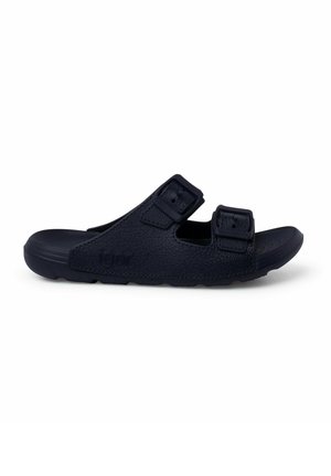Sandales noires avec deux boucles réglables, fabriquées à partir d'un matériau texturé, dotées d'un semelle intérieure contour et d'une semelle en caoutchouc durable.
