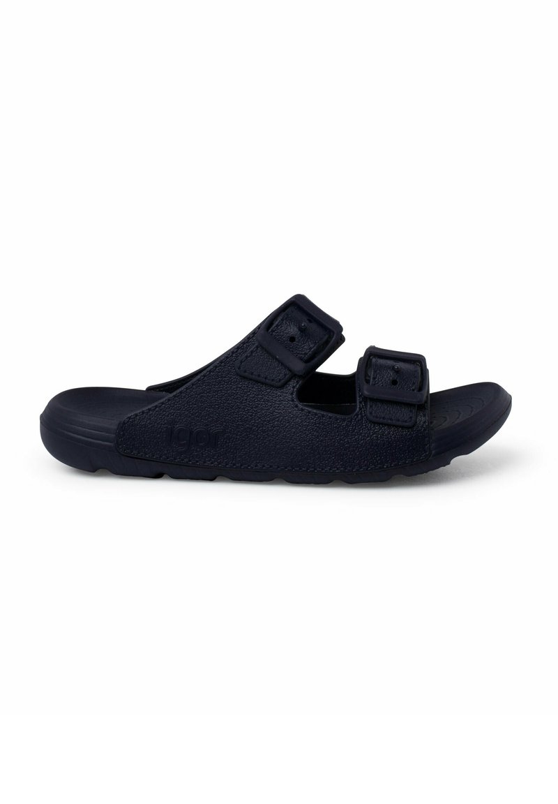 Sandali neri con due fibbie regolabili, realizzati in materiale testurizzato, dotati di una soletta sagomata e suola in gomma resistente.