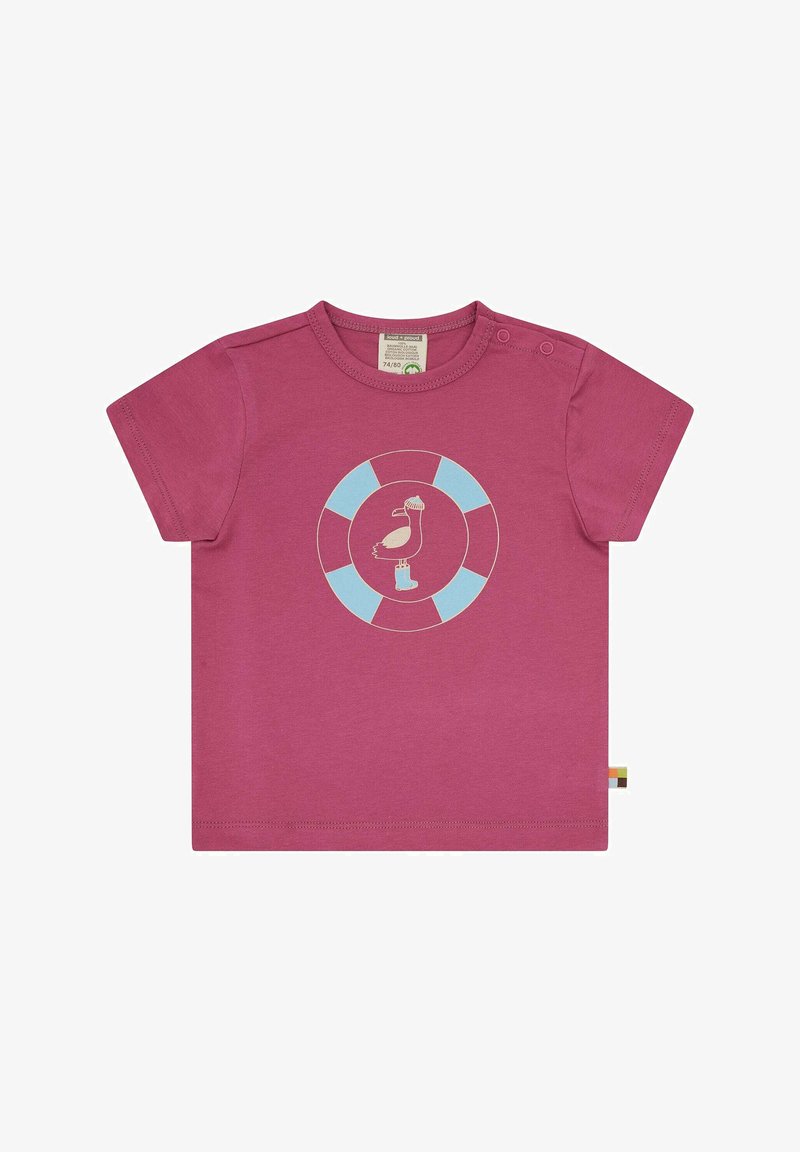 Rosa Baumwoll-T-Shirt mit kurzen Ärmeln, das ein zentrales Design eines hellblauen und roten Rettungsrings mit einem stilisierten Flamingo in der Mitte zeigt.