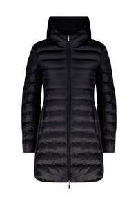 Giacca imbottita nera con cappuccio, dotata di cerniera frontale completa, design trapuntato e texture liscia. Arriva a metà coscia.