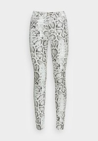 Smal passform leggings i en faux ormtryck, med en monokrom palett av vitt, svart och grått, och en slät, strukturerad yta.