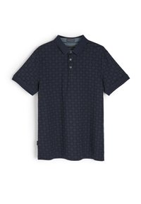 Granatowa koszulka polo z wzorem w romby, krótkie rękawy, zapięcie na dwa guziki i żebrowany kołnierzyk. Miękka faktura z metką marki na dolnym krawędzie.