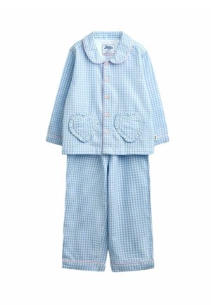 Blue and white checkered long-sleeve pajama set with a collar, heart-shaped ruffled pockets, pink buttons, and matching pants.