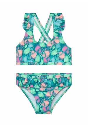 Costume da bagno due pezzi per ragazze con motivo floreale turchese, rosa e verde, spalline arricciate sul top e bordo arricciato sui pantaloncini.