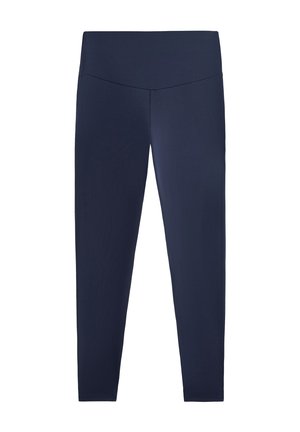 Sötétkék leggings rugalmas, sima anyagból, magas derékkal. Szorosan illeszkednek, és teljes hosszúságúak a bokáig.