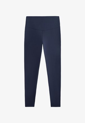 Marinblå leggings gjorda av elastiskt, slätt tyg med hög midja. Designade för att sitta åtsittande och når hela vägen till anklarna.