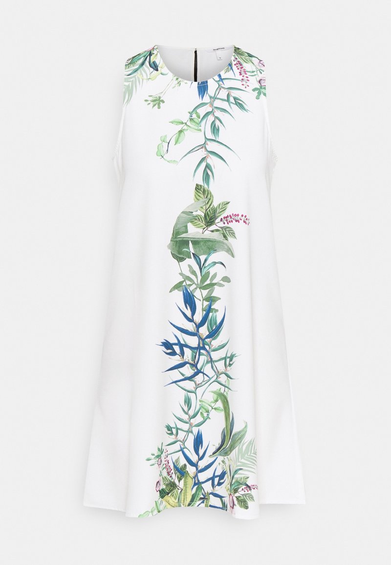 Robe blanche sans manches avec un col rond présentant un imprimé botanique vertical de feuilles vertes et bleues et de petites fleurs roses au centre.