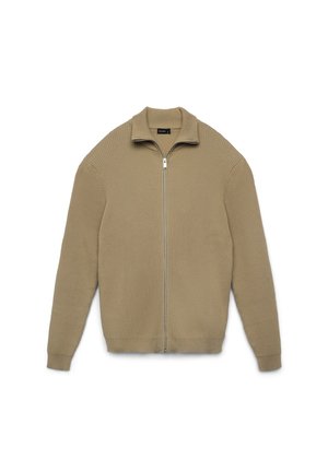 Cardigan in maglia costina marrone chiaro con maniche lunghe, cerniera frontale completa e collo a lupetto, disteso su sfondo bianco.