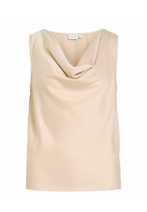 Beżowa bluzka bez rękawów z marszczonym dekoltem typu kapturek, gładka tkanina i metka marki VILA wewnątrz kołnierza.