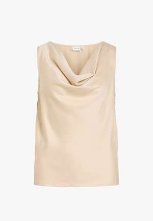 Hihaton beige pusero, jossa on laskostettu kaulus ja VILA-merkkilappu kauluksen sisäpuolella, sileä kangas.