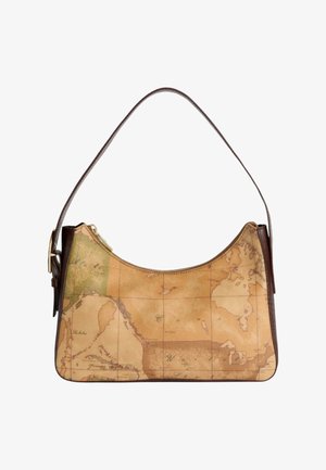 Hellbraune Leder-Umhängetasche mit Kartendruck, braunem Riemen, geschwungenem Design und Reißverschluss. Auffällig durch ihre strukturierte Oberfläche und detaillierte Geografie.