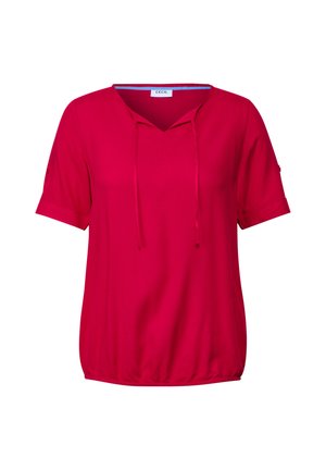 Rode korte mouw top met een V-hals en strikdetails. Kenmerkt zich door een geweven stof en een relaxed fit, met een geplooide zoom aan de onderkant.