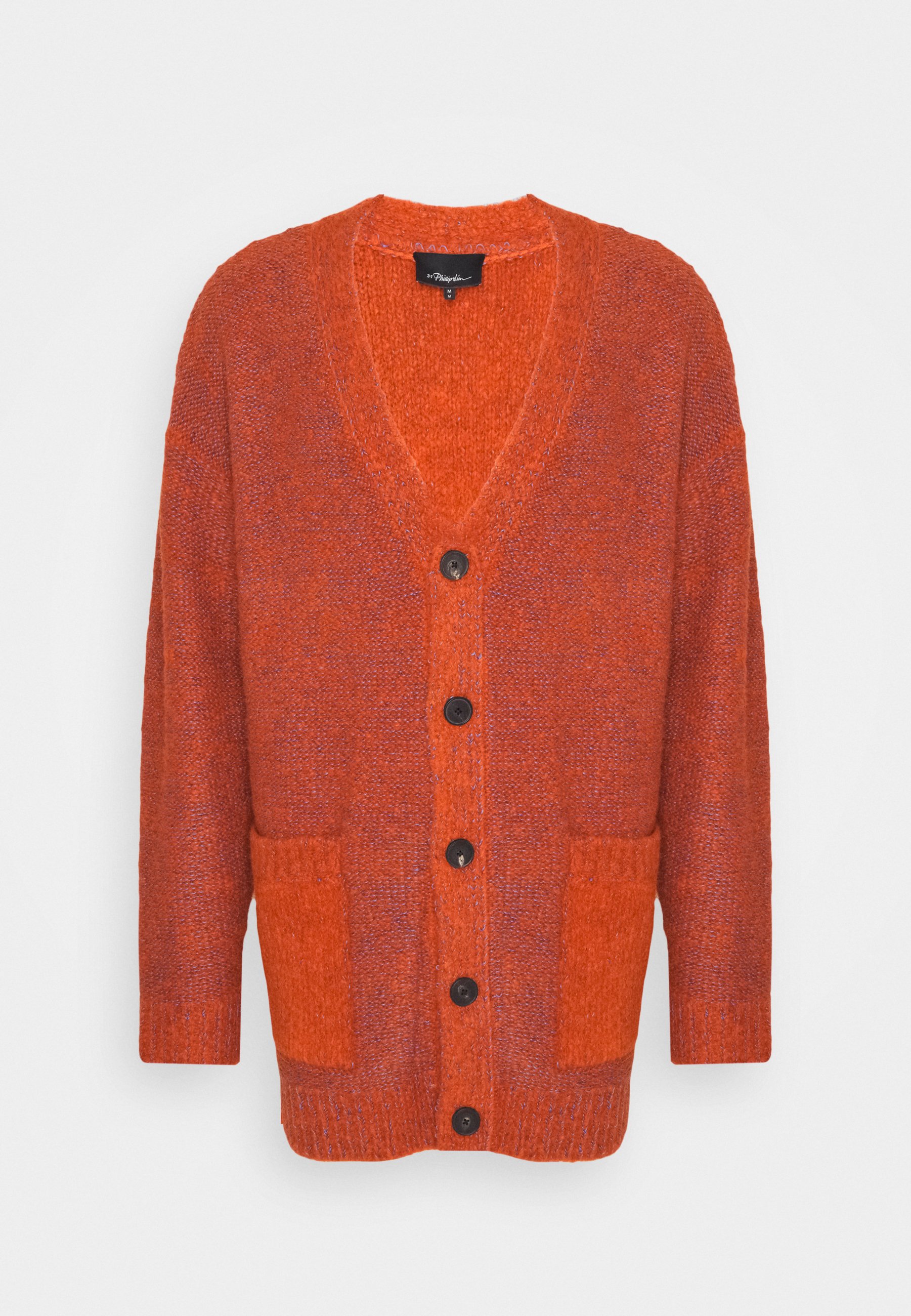 bright orange cardigan
