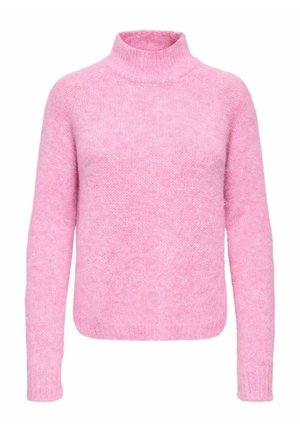 Rosa, myk genser med høy hals, lange ermer og teksturert finish. Ribbestrikkede mansjetter og kant gir detaljer til det generelt tettsittende designet.