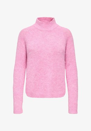Růžový, měkký svetr s vysokým límcem, dlouhými rukávy a strukturovaným povrchem. Hranaté manžety a lem dodávají celkovému těsnému designu charakter.