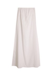 Et hvitt, ankel-length skjørt laget av lett materiale, med elastisk linning og en jevn, ubehandlet overflate.