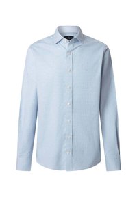Camicia a maniche lunghe azzurro chiaro in un tessuto testurizzato, con colletto button-down, patta frontale con bottoni e un piccolo logo ricamato.