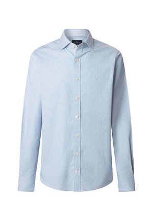 Svijetloplava košulja dugih rukava od teksturirane tkanine, sa kragnom na dugmad, prednjim plaketom s dugmadi i malim izvezenim logotipom.