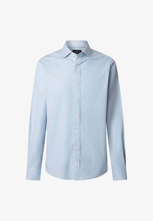 Svijetloplava košulja dugih rukava od teksturirane tkanine, sa kragnom na dugmad, prednjim plaketom s dugmadi i malim izvezenim logotipom.