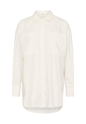 White long-sleeve shirt made from cotton, featuring a button-down collar, two chest pockets, a straight hem, and a relaxed fit.