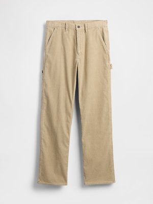 Šviesiai rudi korduro kelnės su tiesiomis kojomis, priekinėmis kišenėmis ir sagos užsegimu. Yra šoninė kišenė ir tekstūruota medžiaga.