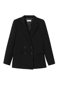 Blazer noir croisé à double boutonnage avec revers à encoche, deux poches avant et fermetures à boutons, caractérisé par une texture lisse et une coupe cintrée.