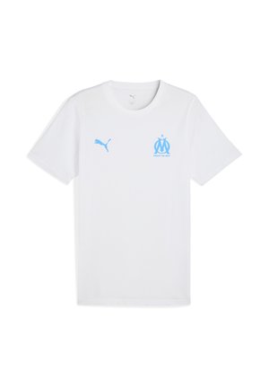 T-shirt bianco a maniche corte realizzato in cotone, con logo Puma blu chiaro ed emblema del Marsiglia sul lato sinistro del petto. Trama liscia.