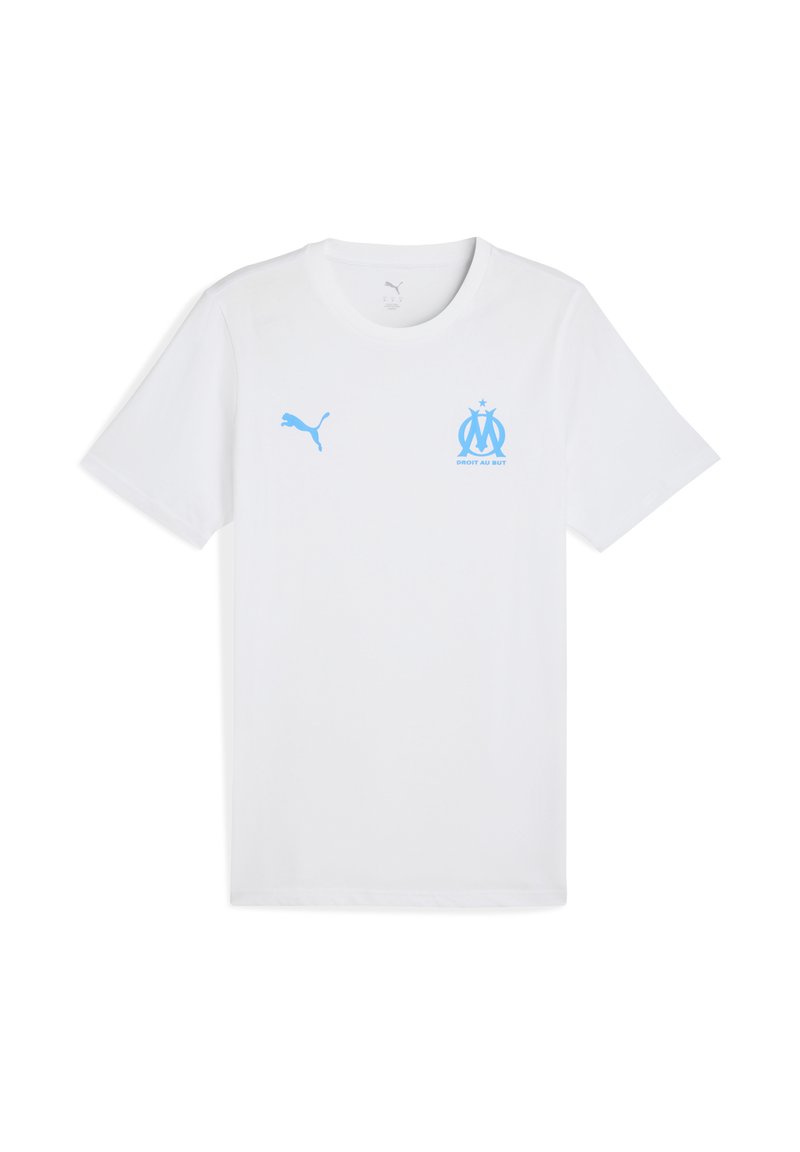 Bijela majica kratkih rukava od pamuka s svijetloplavim Puma logotipom i grbom Marseja na lijevoj strani prsiju. Glatka tekstura.