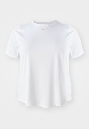 Biały sportowy t-shirt z krótkim rękawem, okrągłym dekoltem i małym szarym logo Nike Swoosh umieszczonym na środku pod dekoltem.