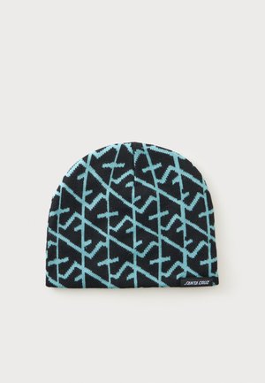 Berretto lavorato a maglia nero con motivo geometrico a zigzag azzurro chiaro e una piccola etichetta "Santa Cruz" sul bordo.