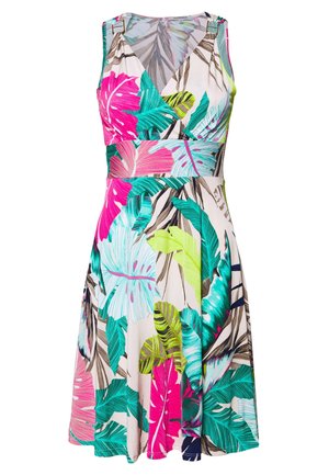 Mouwloze jurk tot op de knie met V-hals en een levendige tropische bladprint in roze, groen, blauw en beige tinten.