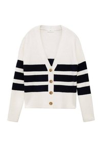 Cardigan crema con righe orizzontali blu navy, scollatura a V, texture a coste e quattro bottoni in legno sul davanti. Design corto.