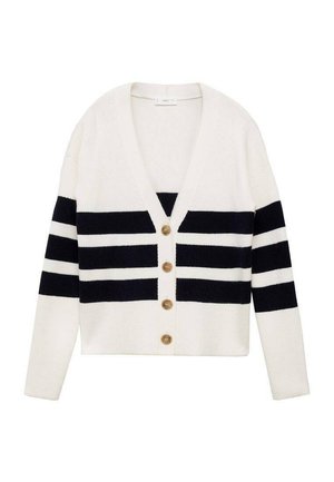 Kremowy kardigan z granatowymi poziomymi paseczkami, dekoltem w serek, prążkowaną strukturą i czterema drewnianymi guzikami z przodu. Krótki fason.
