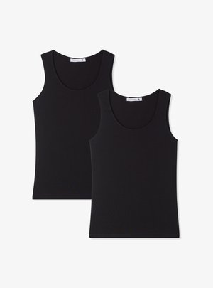 Canottiere nere in confezione da due, con scollatura rotonda, design senza maniche e tessuto morbido e elastico. Texture liscia senza fantasie.