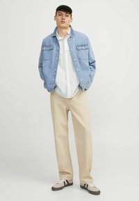 Jachetă din denim albastru deschis cu închidere prin butoane, cămașă albă cu dungi, pantaloni largi bej și teniși gri cu dungi negre și șireturi.