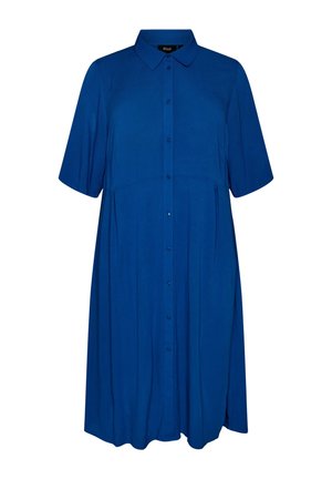 Modré šaty po kolená s krátkymi rukávmi, zapínaním na gombíky vpredu, golierom a voľným strihom.
