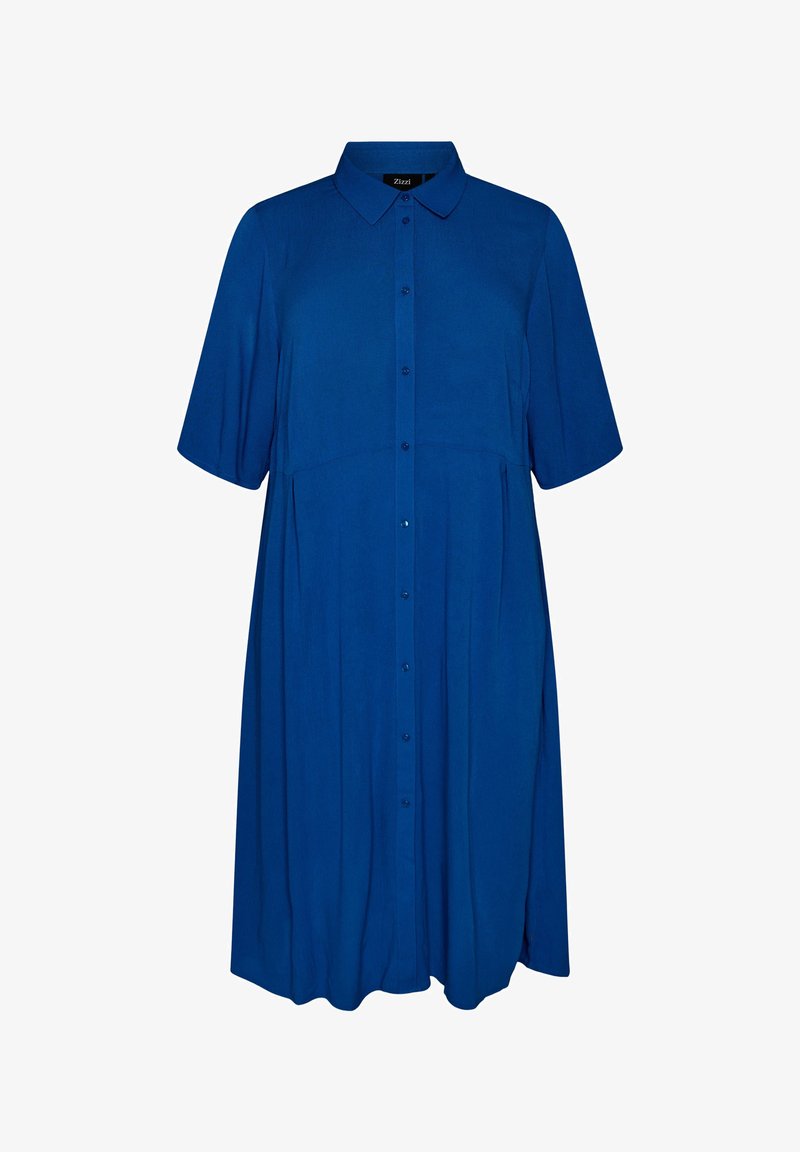 Robe bleue d'une longueur aux genoux, avec manches courtes, devant à boutons, col et coupe ample.