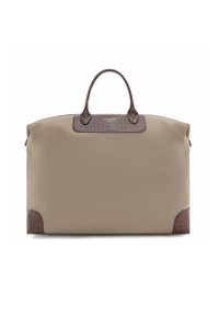 Beige duffelbag met gestructureerde bruine leren accenten, ronde handvatten en een gladde afwerking. Heeft een krokodillenpatroon op het bovenpaneel.