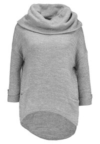 Szary sweter dziany z szerokim kołnierzem typu komin, rękawami do łokcia, prostym dołem i dwoma bocznymi kieszeniami. Miękka tekstura o luźnym kroju.