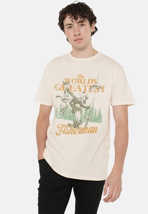 Cream-colored t-shirt featuring a large graphic in green and orange text with a fishing theme and cartoon characters. Short sleeves, relaxed fit.