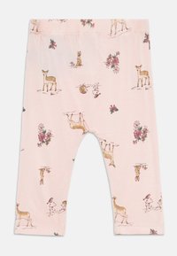 Rosa bomull leggings med et gjentatt trykk av hjort, kaniner, blomster og andre naturinspirerte illustrasjoner i jordnære toner.